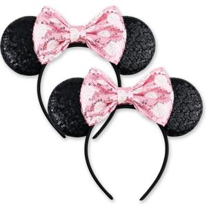 Ears Mouse Ears Headband with Sequin Bows, Headbands for Women Halloween Costume, Headwear Hair Accessories -2 pack Black and Pink