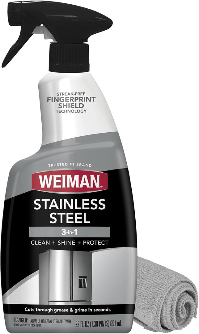 Weiman Stainless Steel Cleaner and Polish - Protects Appliances from Fingerprints and Leaves a Streak-Free Shine for Refrigerator, Dishwasher, Oven & Grill, Cleaning Supplies, Microfiber Cloth (22 Fl Oz Bundle (Pack of 1))