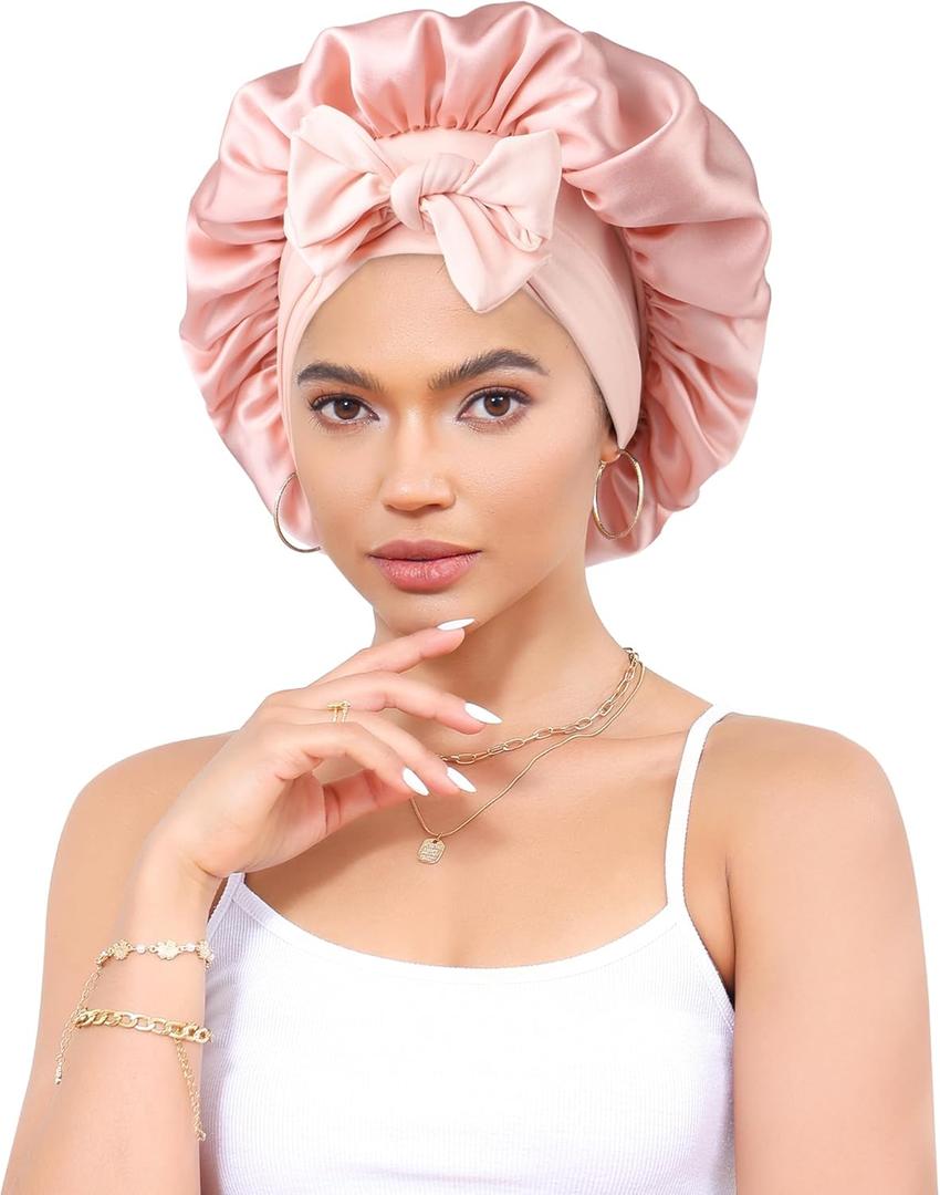 Silk Bonnet 100% Mulberry Hair Bonnet for Sleeping Women Hair Wrap with Elastic Band Sleep Night Cap (Pink)