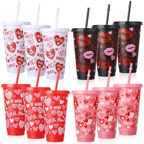 Ovveroche 12 Pcs Valentine's Day Plastic Cups with Lids and Straws 24 oz Reusable Cups Travel Mug Bulk for Valentine's Day Birthday Wedding Anniversary Party Favors