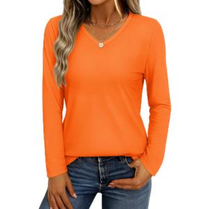 YUCOLEN Womens Long Sleeve Shirts V Neck Cotton T-Shirt Tops Solid Color Casual Breathable Basic Tee Tshirt (X-Large, A04- Orange)
