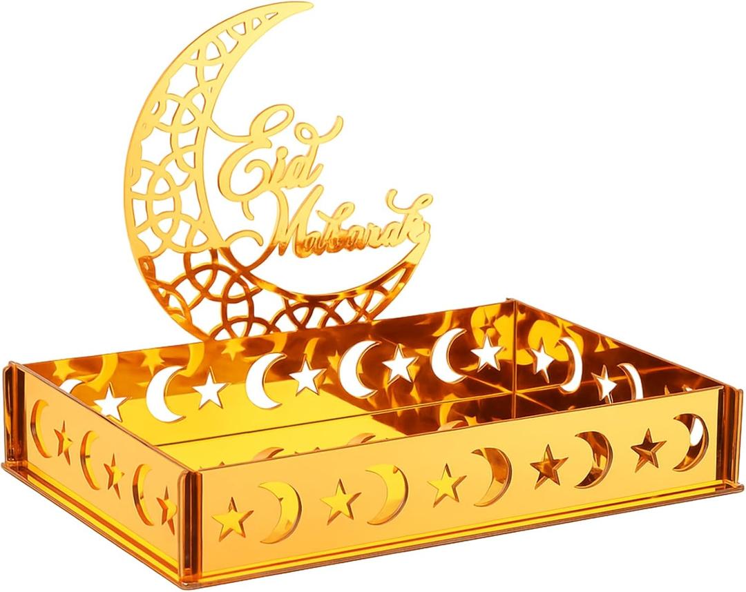 DoubleFill Ramadan Serving Tray Gold Eid Mubarak Holder Al-fitr Home Decoration for Moon Star Tray Gold Container for Home Islamic Muslim Party Tableware Kitchen Dessert Food Storage(Eid Mubarak)