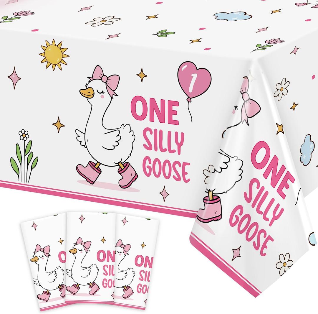 3 x 3Pcs Silly Goose Birthday Tablecloths Decorations Girl, Pink Bow One Silly Goose First Birthday Large Size Rectangle Plastic Goose Table Cloths 54 x 108 Inch