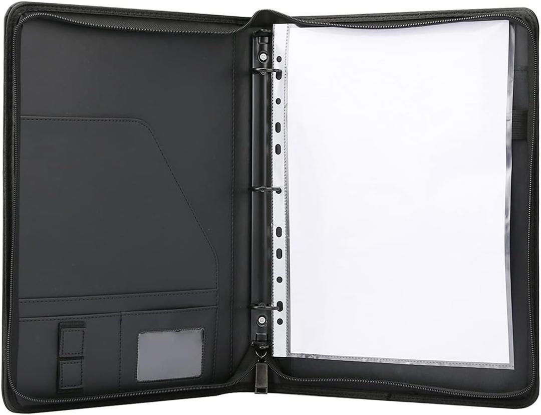Zippered Portfolio 3 Ring Binder with 8 Pockes, Leather Business Padfolio with Zipper, A4 Document Binder Organizer for School Office