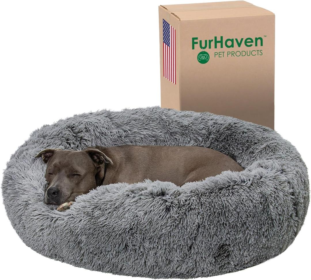 Furhaven 36" Round Calming Donut Dog Bed for Large/Medium Dogs, Refillable w/ Removable Washable Cover, For Dogs Up to 75 lbs - Shaggy Plush Long Faux Fur Donut Bed - Gray, Large