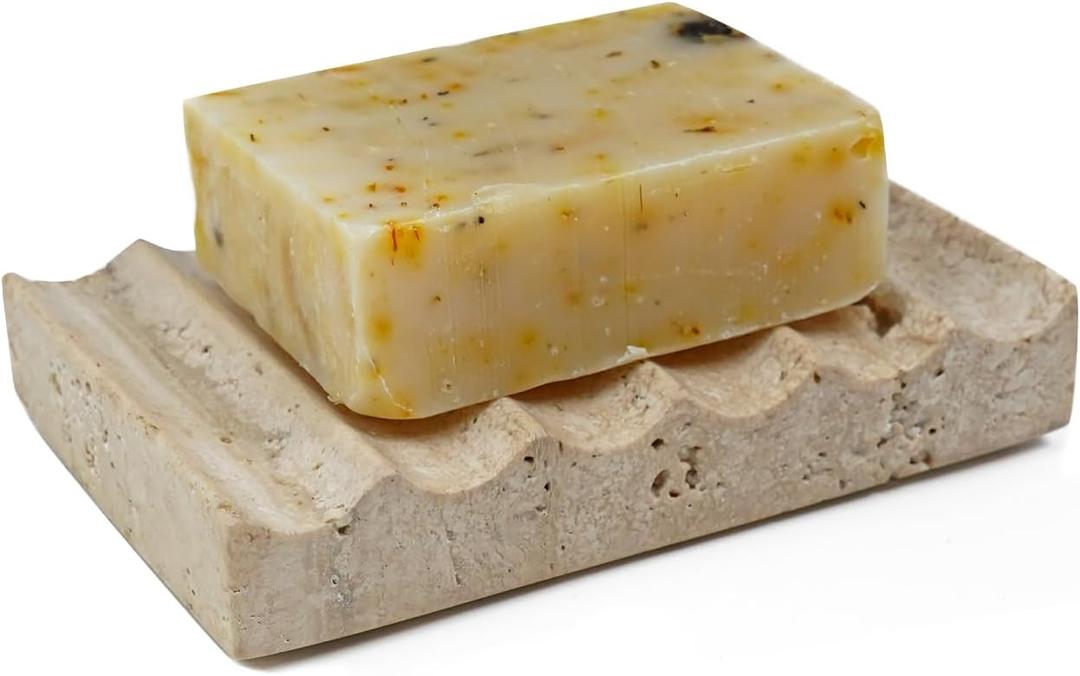 Natural Travertine Soap Dish, Draining Soap Dish for Shower, Stone Bar Soap Holder with Feets,Gorgeous for Soap Tray for Bathroom Shower Kitchen Counter Sink, Beige