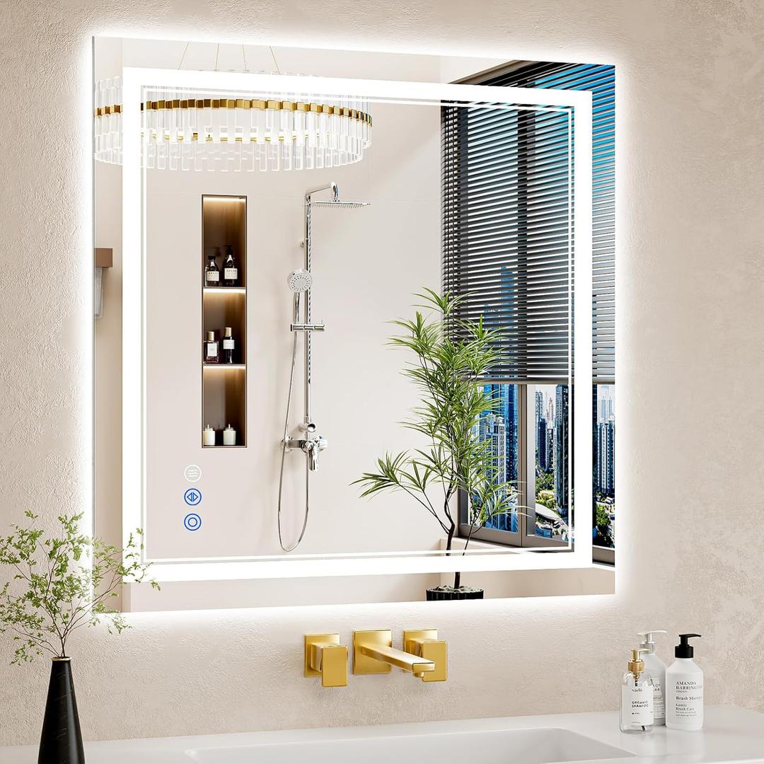 30"x30" LED Bathroom Mirror with Lights, Anti-Fog, Backlit + Front Lit, Dimmable, Led Vanity Mirror for Wall, Lighted Bathroom Mirror,3 Colors, Shatter-Proof Tempered Glass (White)