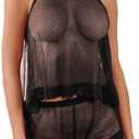 Lingerie for Women Sexy Pajamas Sheer Open Front Sleepwear Lace Polka Dot Cami Shorts Set 2 piece (Black, XL)