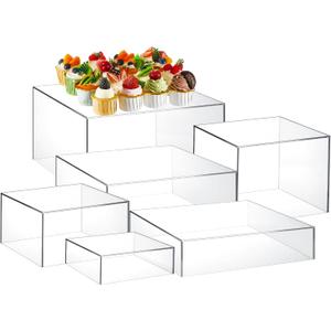 Leinuosen 6 Pcs Acrylic Buffet Risers Stands for Food Display Cubes Box, 6 to 11 Inch Square Catering Table Dessert Decorative for Wedding Brunch Setup Party Jewelry Collectible, Hollow Bottom (Clear)