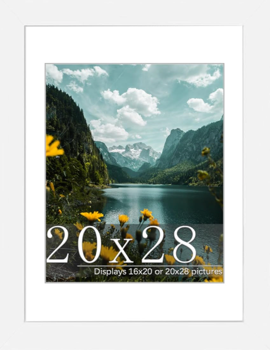Picrit 20x28 Frame, White Poster Frame, Display Poster 16 x 20 with Mat or 20 x 28 Without Mat for Horizontal or Vertical Wall Mounting.