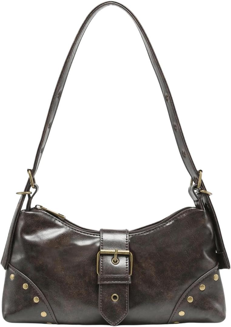 QWINEE Women's Vintage Buckle Shoulder Bag Y2K Punk PU Leather Handbag Clutch Purse (Brown#)