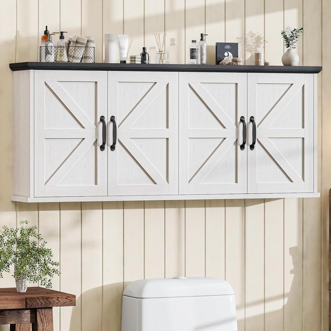 Halitaa 47" Laundry Room Cabinets and Storage with 4 Doors and Utility Adjustable Shelf, Large Wall Mounted Storage Cabinet, Upper Kitchen Cabinet for Laundry, Bathroom, and Kitchen, White and Black, 47.24" W x 19.69" H x 7.87" D