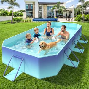 HeySplash Foldable Pool, Non-Inflatable Swimming Pool with Rigid Puncture-Proof Hard Composite Board, Adults & Kids Pool for Backyard Garden Dog Pool Kiddie Pool Outdoor Pool, 114"70"19", Ice Blue