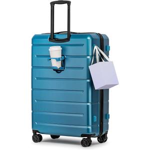 KYME Suitcases with Wheels Hardshell 30 Inch Luggage TSA Approved Large Checked Luggage Durable Travel Rolling Suitcase with Cup Holder for Women Men Light Blue