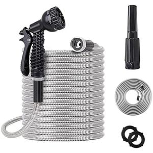 75ft Metal Garden Hose Stainless Steel Heavy Duty Water Hose With 2 Nozzles, No Tangle and Kink, Lightweight & Flexible, Tough and Pet Proof, Metal Garden Hose for Yard, RV, Garden, Outdoor, 2 pcs