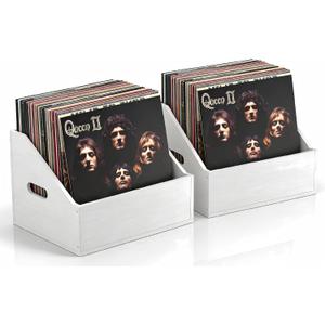 2 Pack Wood Vinyl Record Storage, Retro & Durable Vinyl Crate and Record Holder, Album Storage Record Case Box for 60+ Records, Perfect Record Organizer for Home Decor and Collection Display(White)