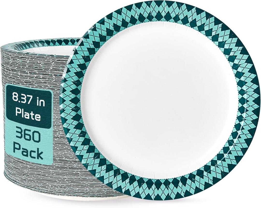 JOLLY PARTY Paper Plates Disposable, 360 Count 8.37 inch Dinner Plates, Soak Proof, Cut Proof for Everyday Use, Diamond Pattern Rim Design (Green Blue-360pack)