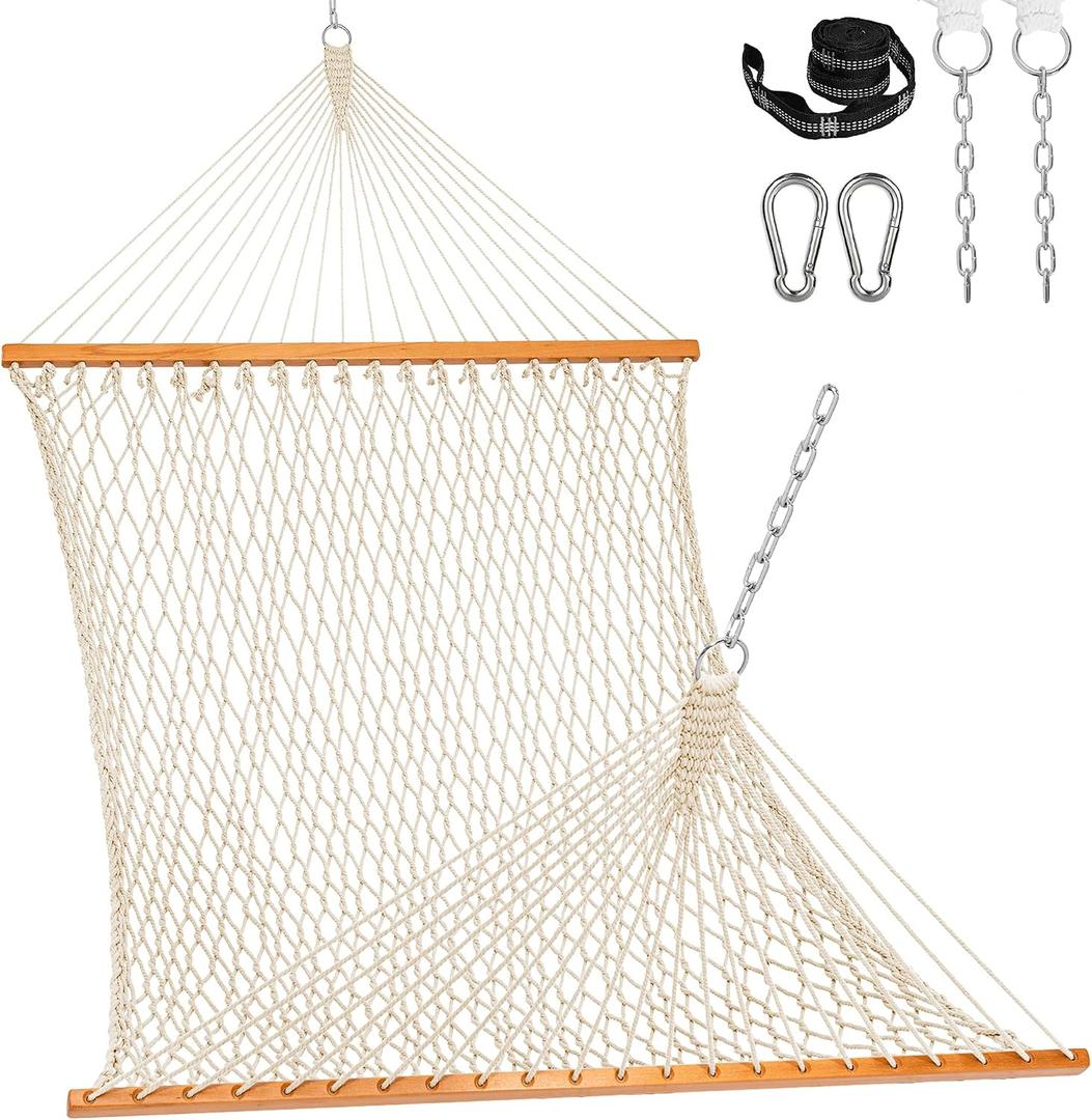 Lazy Daze Hammocks Double Rope Hammock, 2 Person Traditional Outdoor Hand Woven Cotton Rope Hammock with Spreader Bar, Carabiners, Tree Straps, Chains for Patio Yard - Max 450 Lbs, Natural