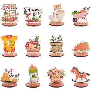 3 x 24PCS Locally Grown Baby Shower Wooden Table Decorations Farmers Market Themed Wood Centerpieces Fall Vegetable Fruit Harvest Table Decor for Gender Reveal Welcome Baby Shower Party Favor