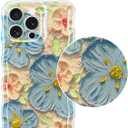 Jusy Compatible with iPhone 14 Pro Max, Colorful Retro Oil Painting Printed Flower Laser Glossy Pattern Cute Curly Wave Phone Case Soft TPU Cover for Girly Women - Blue