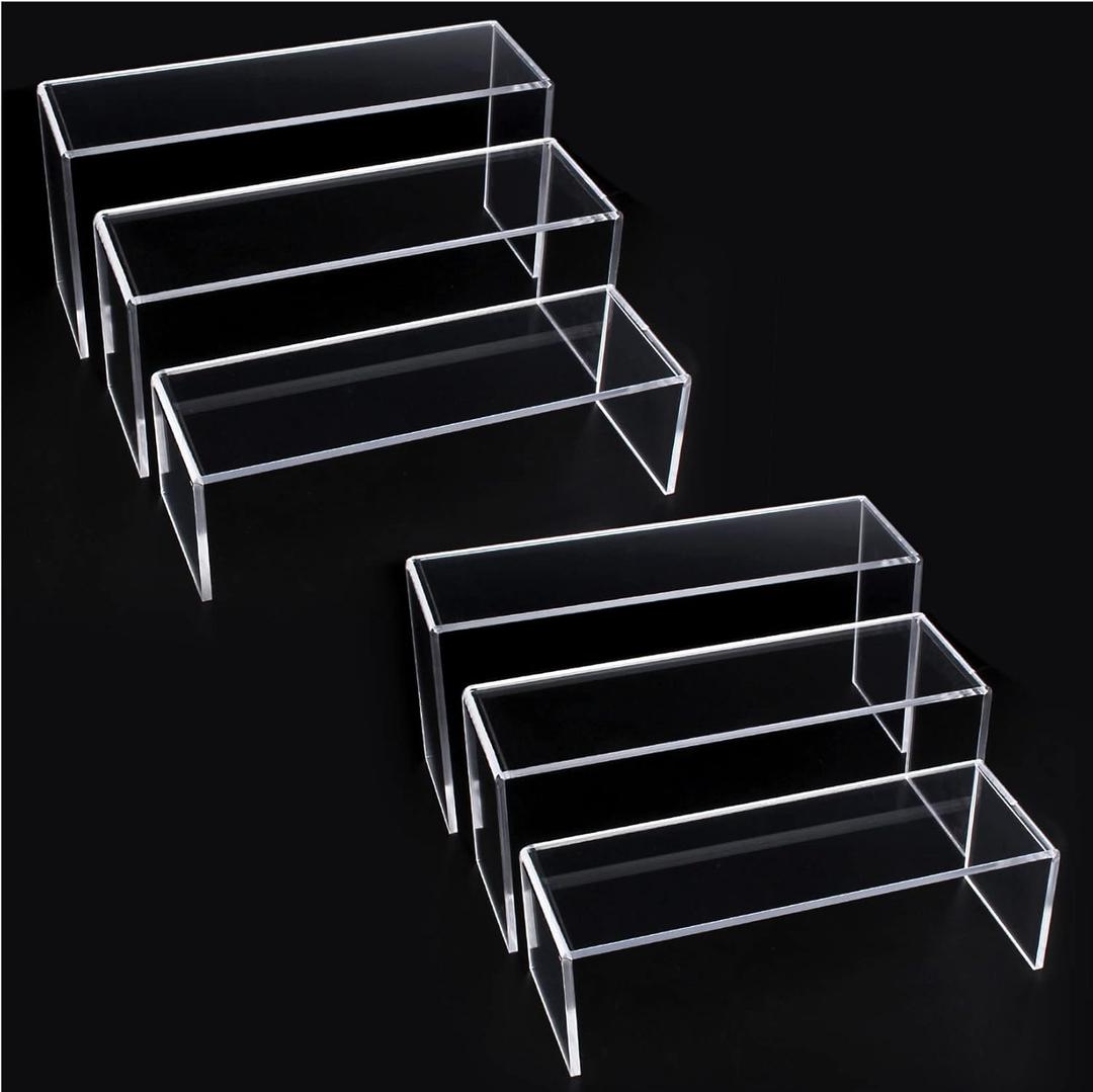 ELEGANTLIFE 3 Tier Acrylic Riser Display Shelf Cupcake Stand for Amiibo Funko POP Figures,Perfume & Cologne Organizer,Desserts Holder,Jewelry Display Shelf Risers for Dcor,2 Sets of 3-Pack (Clear)