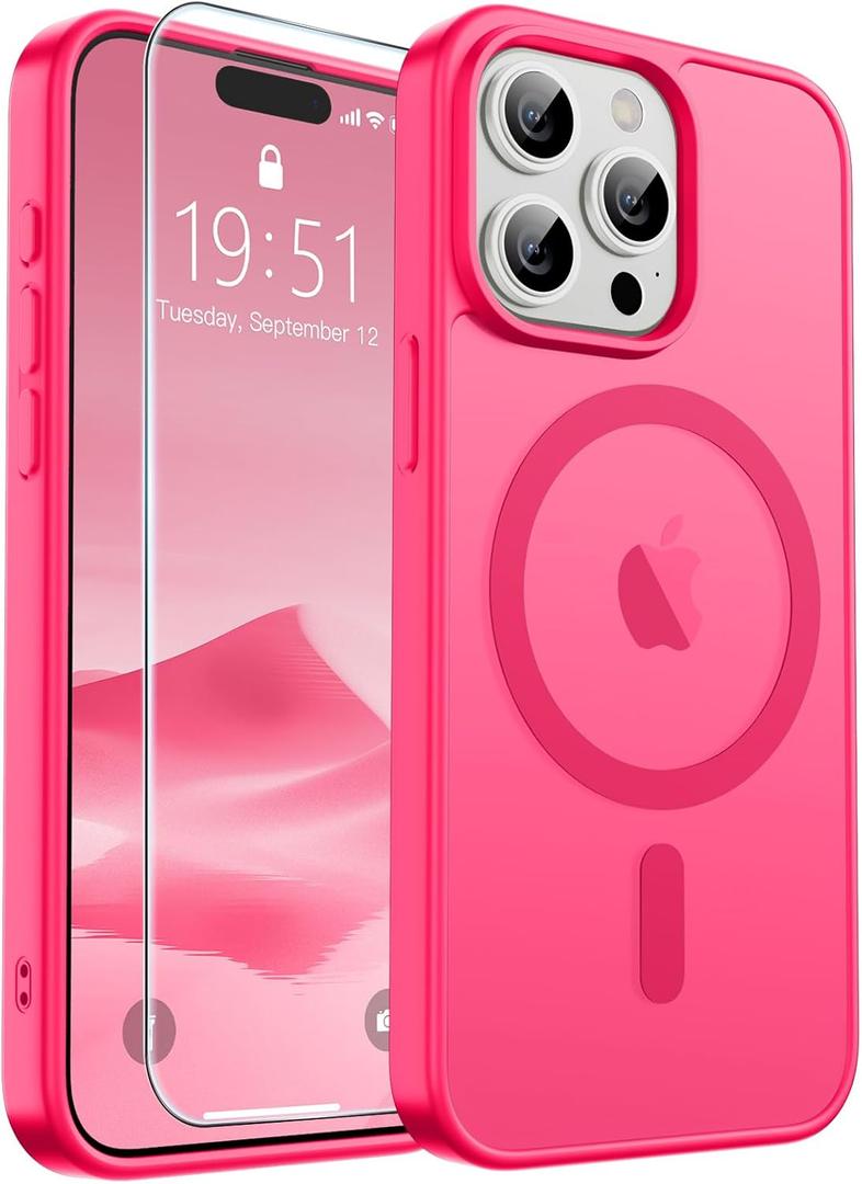 SUPFINE Magnetic for iPhone 15 Pro Max Case (Compatible with MagSafe) (Military Grade Drop Protection) Slim Translucent Matte Shockproof with Anti-Fingerprint Phone Case,Hot Pink