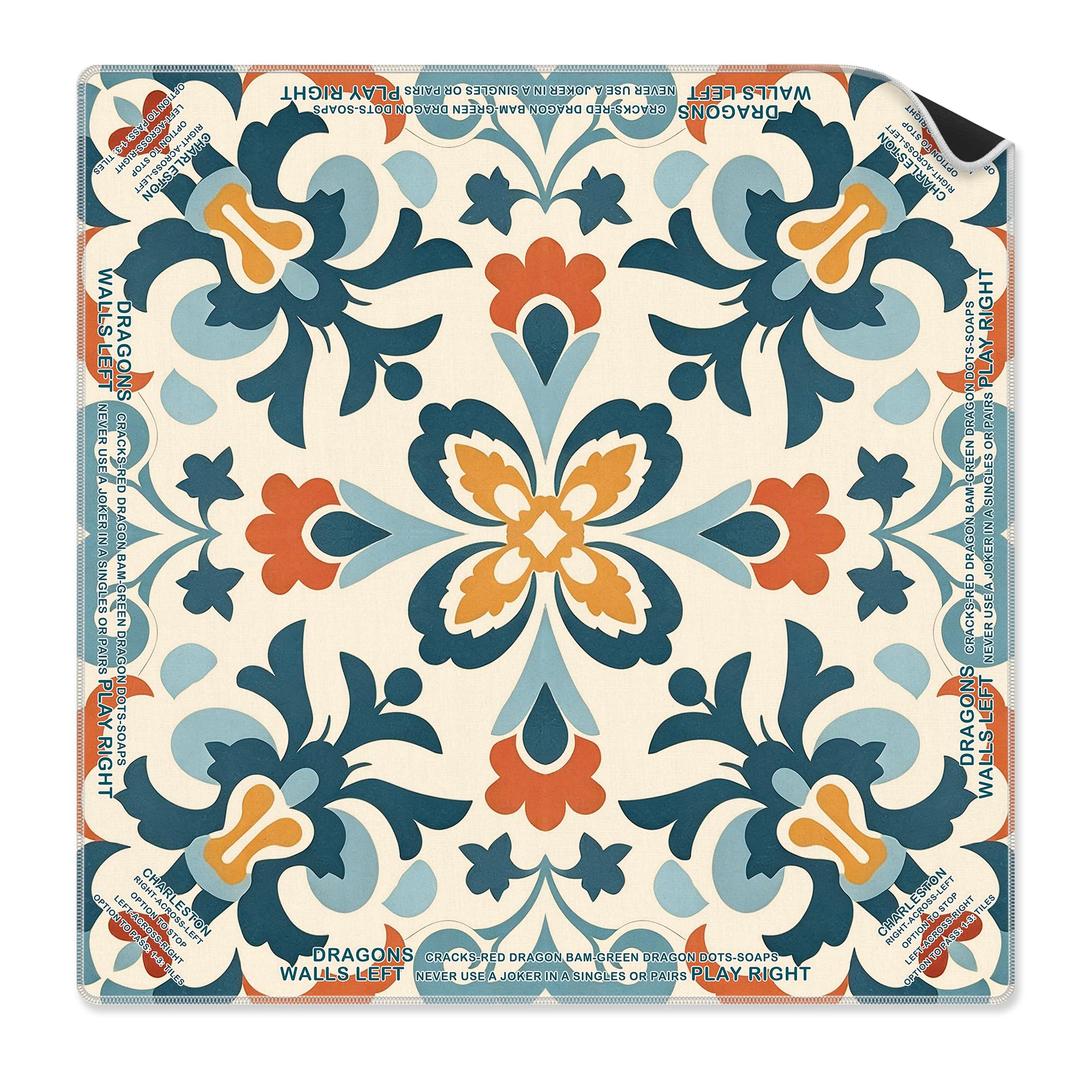 Yomisex Red Terracotta Teal Floral Mahjong Mat 31.5 x 31.5 Inch, Mediterranean Mexican Flower Non-Slip Noise Reduction Mahjong Table Mat for American Mah Jong Poker Card Board Games Dominoes