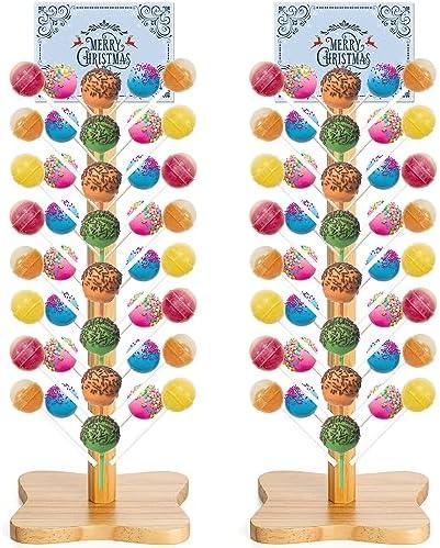 AVLA 2 Pack Wood Cake Pop Stand, 48 Holes Wooden Lollipop Holder, Decorative Candy Table Display Dessert Stand for Wedding, Birthday, Parties, Anniversaries, Sturdy and Easy to Assemble