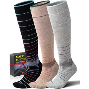 Soft Cotton Compression Socks for Women Men 20-30mmHg - Knee High Support for Circulation, Nurses, Pregnancy, Travel (Small-Medium, 3 Pairs - Cute Stripes)