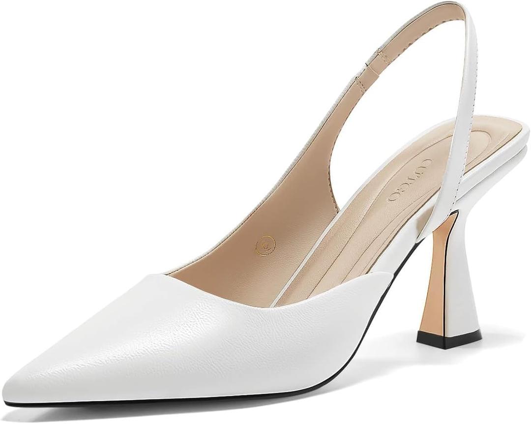 Coutgo Womens Slingback Stiletto High Heels Closed Pointed Toe Pumps DOrsay Sexy Office Dress Shoes (7, White)