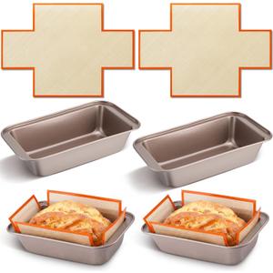 4 Pcs Loaf Pan with Liners Set 9 x 5 Inch Non-stick Bread Pan and Silicone Loaf Liners for Homemade Baking Carbon Steel Rectangular Baking Tray for Kitchen Sourdough Sandwich Home(Gold)