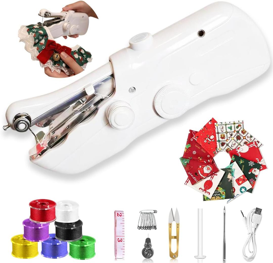 Handheld Sewing Machine,Mini Sewing Machine for Beginners,with 8 New Year's Fabric Pieces and 24 Sewing Accessories,Perfect for 2026 New Year DIY Gifts Decoration and Clothing Repairs