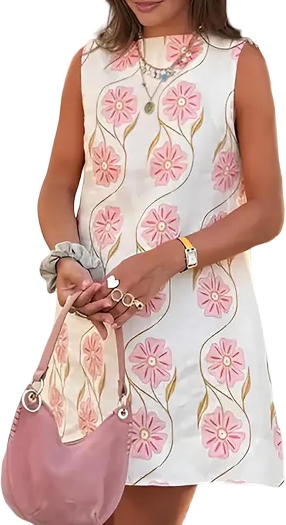 Women's Elegant Floral Print Sleeveless Short Dress French Romantic Style Crew Neck Beach Vacation Tunic Dresses (M)