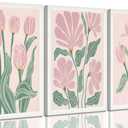 3 Pcs Pink Tulips Flowers Canvas Wall Art Boho Pink and Green Abstract Floral Botanical Paintings Pictures Wall Decor Poster Print Artwork for Living Room Bedroom Home Decoration Unframed (16"L x 12"W)