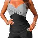 Womens Tankini Swimsuits with Shorts - Two Piece Tummy Control Bathing Suits Top with Two Pockets Swim Bottom (Black, S)