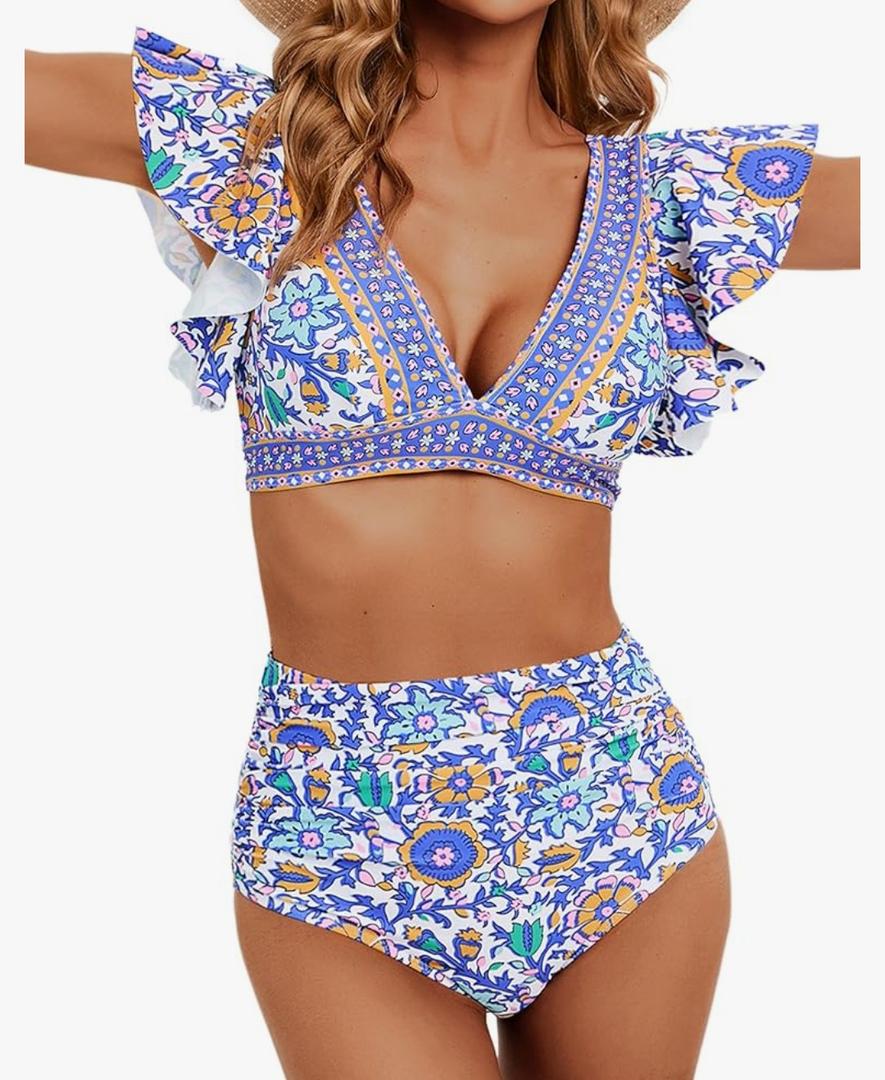 Women Ruffle High Waisted Swimsuit Two Piece Tropical Print Swimsuit Push Up Bathing Suit, M