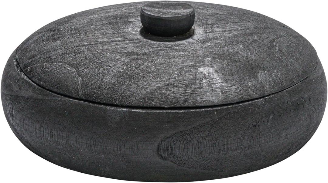Creative Co-Op Decorative Natural Paulownia Wood Container with Lid (11.5 Inch Round, Black)