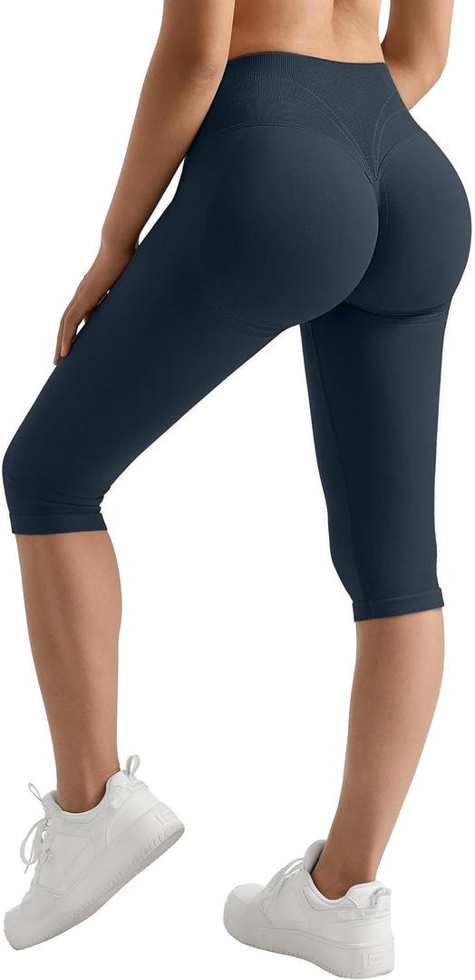 MOOSLOVER Women Hidden Scrunch Butt Lifting Capri Leggings High Waisted Seamless Compression Tummy Control Yoga Pants (Blue, M)
