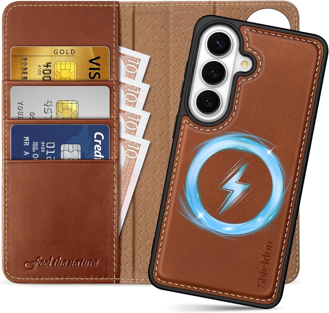 SHIELDON Detachable Wallet Case for Galaxy S26 6.3-inch, Genuine Leather, 2-in-1, Wireless Charging, Magnetic Closure, RFID Blocking Credit Card Slot, Kickstand, Full Protective Cover - Retro Brown
