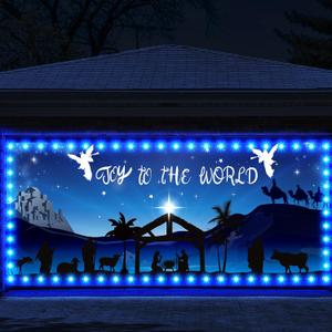 Ganeen 6.4x16 ft LED 2026 Christmas Garage Door Banner String Light Large Rustic Xmas Garage Door Decorations Xmas Banner Cover Backdrop Holiday Cover Decoration(Nativity)
