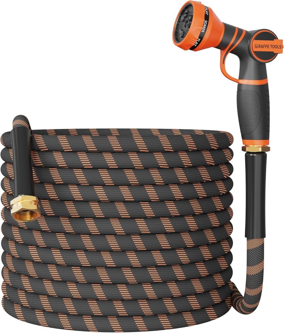 Giraffe Tools Garden Hose 75FT 1/2 Non-Expandable Lightweight Flexible Water Hoses Burst 600 psi with 9 Spray Function Nozzle Heavy Duty Hose