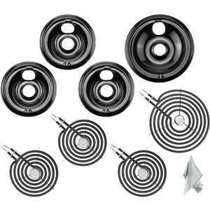 AMI PARTS 3 (6) WB31M20 & 1 (8) WB31M19 Black Porcelain Burner Drip Pans and 3 (6) WB30M1 & 1 (8) WM30M2 Electric Stove Burners Replacement Fit for G-E Hot-point Ken-more Electric Stove Burner
