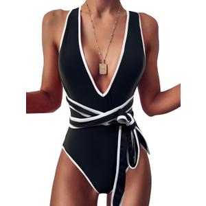 Lilosy Sexy Tie Criss Cross Plunge One Piece Thong Swimsuit High Cut Brazilian Bathing Suit (Medium, Black White)
