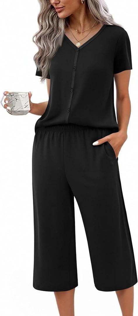 Ekouaer Women's Pajama Sets Short Sleeve Sleepwear Button Up Pj Loungewear Top and Capri Pants with Pockets L