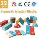 Magnetic Wooden Blocks Set, 22 Pieces STEM Travel Creativity Magnet Block Toys for 3 4 5 Year Old Age Girls Boys
