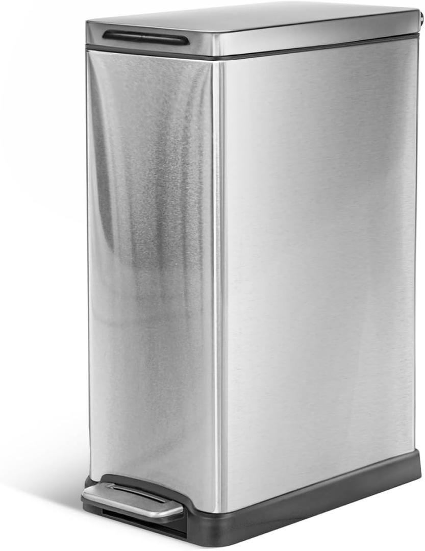 Home Zone Living 12 Gallon Slim Kitchen Can with Soft Close Lid, Step Pedal, Bag Tuck Band, and Removable Liner, Stainless Steel, Silver