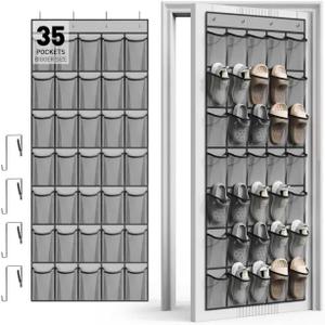 WVM Over the Door Shoe Organizer with 35 Breathable Mesh Pockets, Hanging Shoe Organizer for Door with 4 Metal Hooks, Large Capacity Closet Storage for Shoes, Accessories, Grey