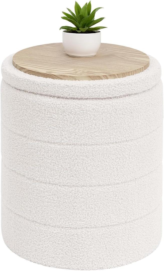 B FSOBEIIALEO Ottoman with Stroage, Round Sherpa Storage Ottoman Stool, Boucle Foot Rest 14.6"x14.6"x17.7"White