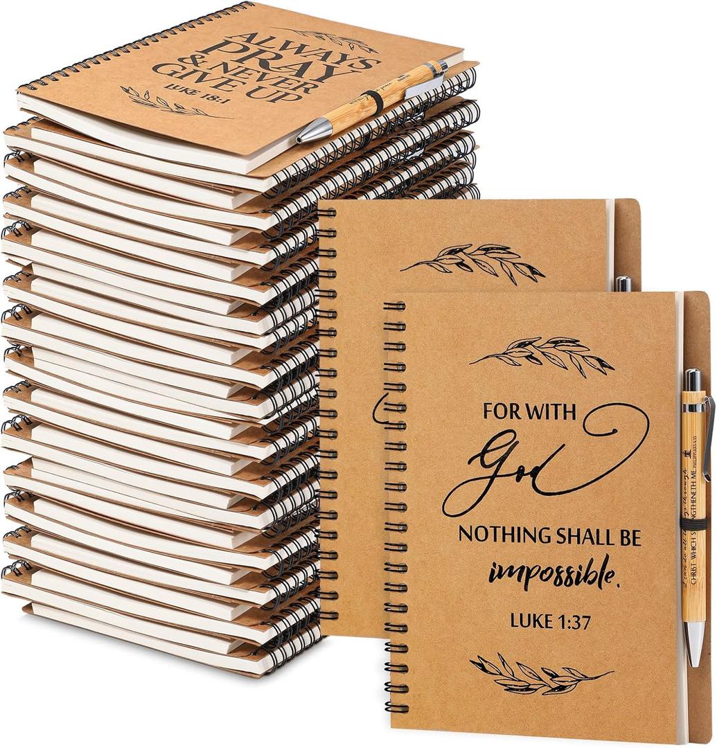 Kosiz 60 Pcs/ 30 Set Christian Gift Bulk A5 Spiral Notebook 5.5"x8.3" Christian Prayer Journal Bible Ballpoint Pen Religious Mothers day Church Gift for Women Women's Day Sunday School Teacher (Brown)