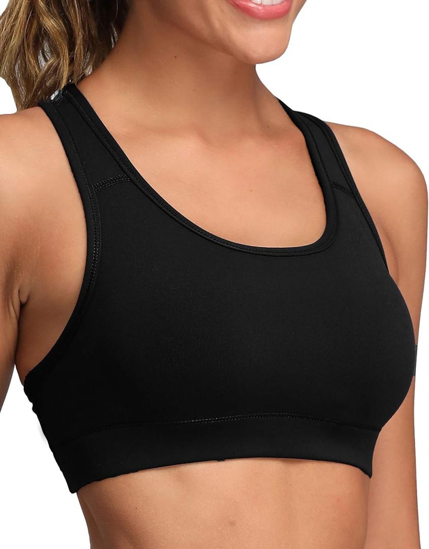 Oalka Women's Racerback Sports Fitness Support Workout Running Bras (Black, L)
